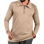 Beige Textured Long sleeve Zip Polo