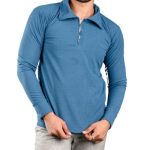 Steel Blue Textured Long sleeve Zip polo