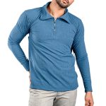 Steel Blue Textured Long sleeve Zip polo - Image 3